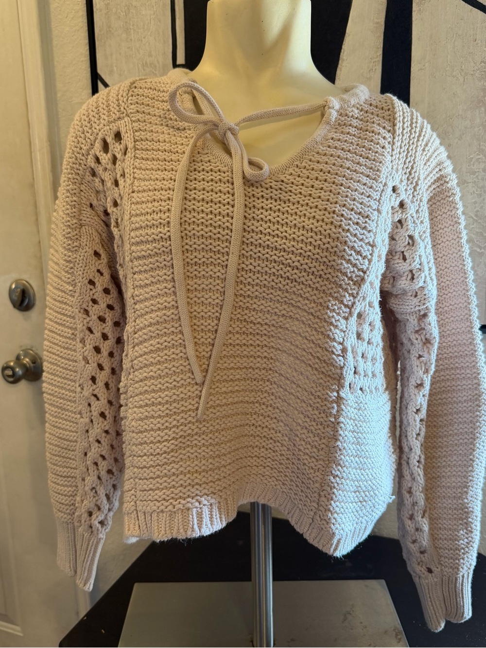 CAbi Cream Tan Knit Tie-Neck V-Neck Sweater